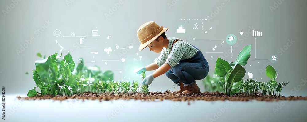 Poster advanced smart farming, hand planting crops with visual concepts of iot and ai analyzing agricultura