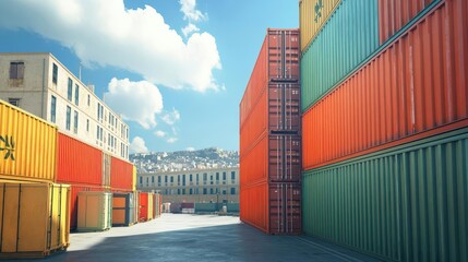 Capture a dynamic 3D visualization of a massive cargo container towering in a loading yard
