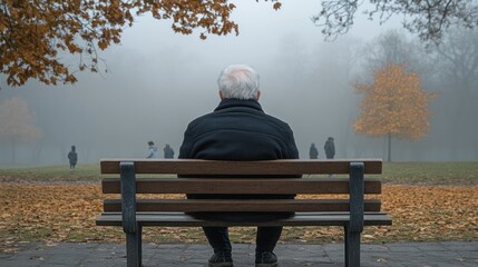 Elderly man sits on park bench, autumn fog, children playing.