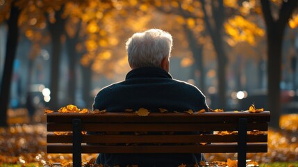Elderly man sits park bench, autumn leaves, sunlight.