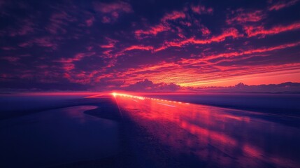 A dramatic morning at an airport, with the runway glowing like a ribbon under the radiant hues of a peaceful sunrise