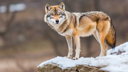 A wolf standing on a snowy rock, showcasing its natural beauty.