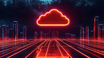 Neon cloud icon over glowing digital cityscape with vibrant colors.