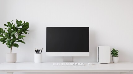 Minimalist workspace featuring a computer, plants, and stationery on a clean desk.