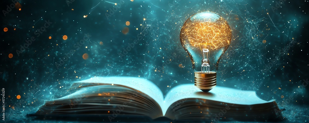 Poster AI and machine learning illustration, light bulb and virtual digital brain above an open book, symbolizing knowledge