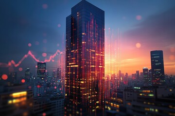 Financial growth visualization urban cityscape digital artwork evening glow aerial view forex trends