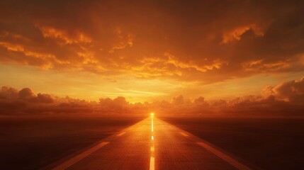 A glowing runway basking in the warm orange hues of sunrise, with the horizon blending into soft morning clouds