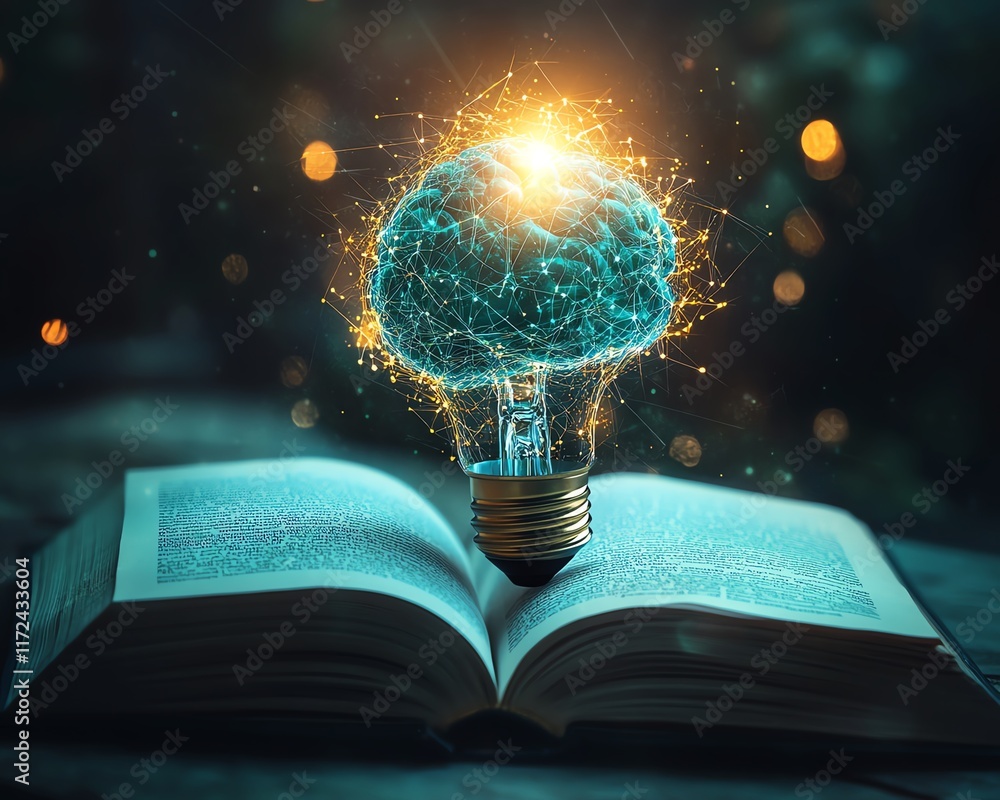 Poster AI technology concept with a glowing light bulb representing artificial intelligence, and a virtual digital brain on an open book