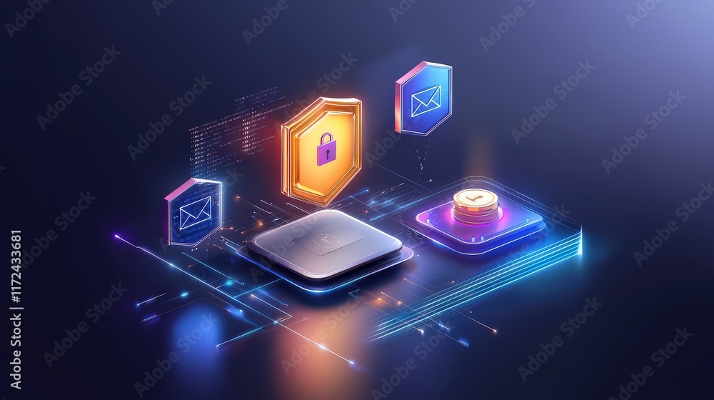 Poster digital data flow with virtual shields and encryption symbols, depicting secure online transactions 