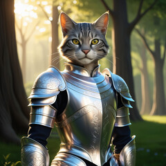 a cat in silver armor with a green background.