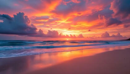 Fototapeta premium A wide-angle view of tranquil beach horizon, vibrant colors of sunset paint sky in a breathtaking display of oranges, pinks, and purples, generated with ai