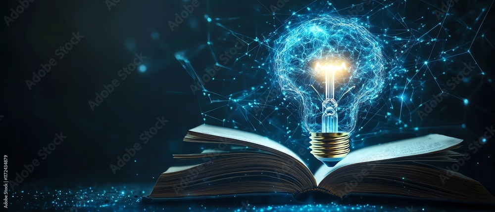 Poster Artificial intelligence and machine learning visual, light bulb with virtual digital brain emerging from an open book