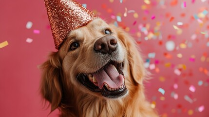 Golden retriever celebrates birthday indoor party pet photography festive atmosphere close-up joyful moment