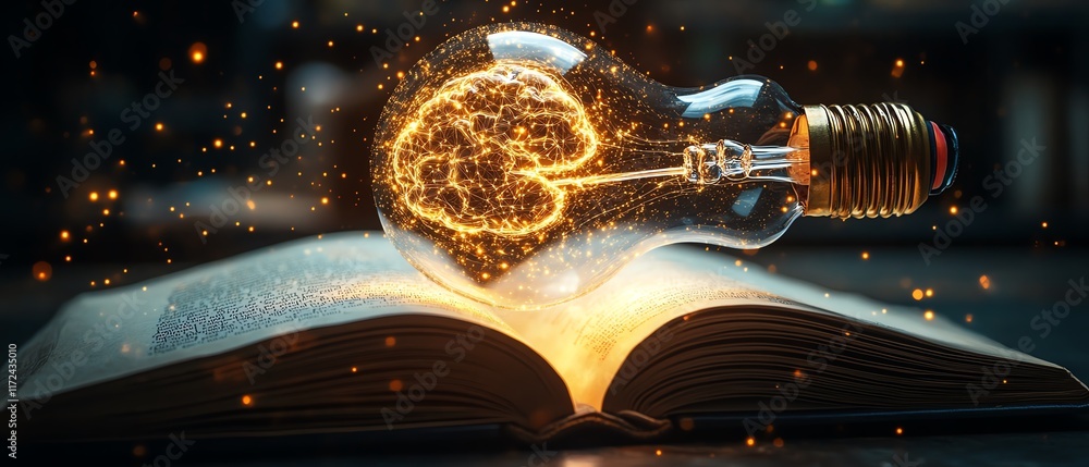 Poster Artificial intelligence and machine learning visual, light bulb with virtual digital brain emerging from an open book