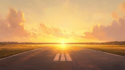 Naklejka premium A peaceful sunrise view of a runway reflecting golden light, with the open sky painted in soft pinks and yellows