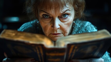 Elderly woman intensely reading antique book in dimly lit room; for mystery novel cover.