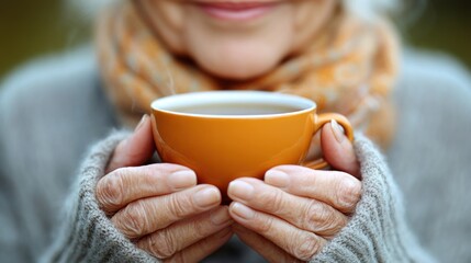Elderly woman enjoys warm drink outdoors on autumn day.