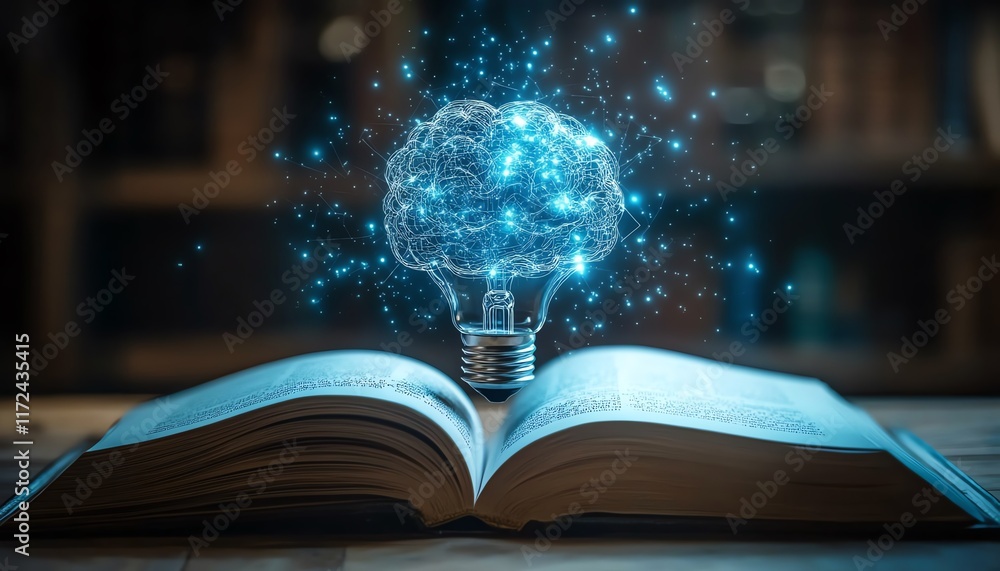 Aufkleber Artificial intelligence concept with a light bulb and digital brain on an open book, merging science and technology