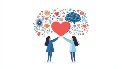 Graphic showing supportive hands lifting a heart and brain, representing Mental Health Awareness Month on a white background.