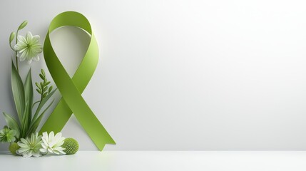 Graphic of a green mental health awareness ribbon with blooming flowers and text space, on clean white.