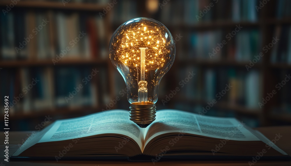 Poster artificial intelligence concept with a light bulb and digital brain on an open book, merging science