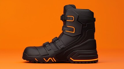A stylish black boot with orange accents, designed for durability and performance, set against a bright orange background.