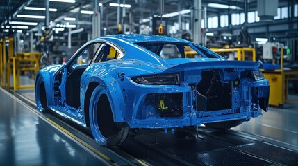 Obraz premium Blue car chassis on assembly line in factory.