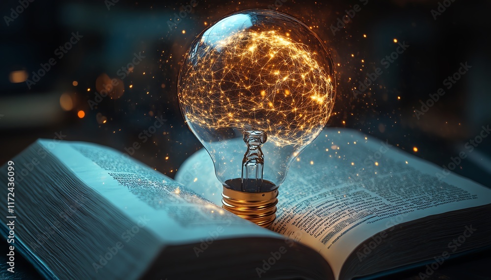 Poster artificial intelligence concept with a light bulb and digital brain on an open book, merging science