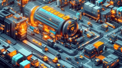 Fototapeta premium Create a dramatic digital illustration of a futuristic cargo management system in a bustling warehouse