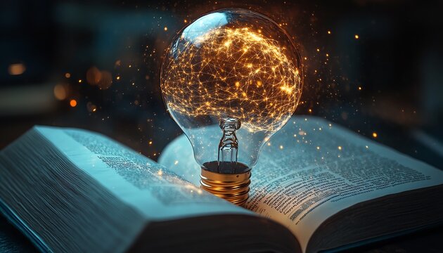 Artificial intelligence concept with a light bulb and digital brain on an open book, merging science and technology