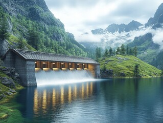 A serene dam structure surrounded by mountains and a tranquil lake.