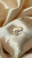 close up of gold ring featuring heart shaped diamond, resting on satin pillow, exuding elegance and romance