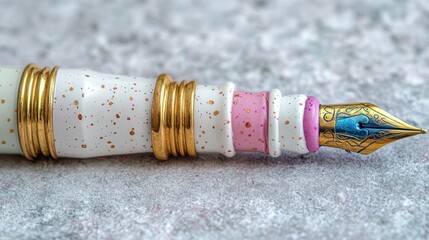 Elegant handcrafted fountain pen, close-up shot, textured background, writing tool.