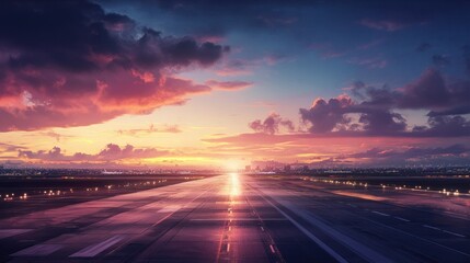 A tranquil morning view of an airport runway illuminated by the radiant light of sunrise, surrounded by a calm sky