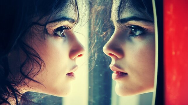 Reflective portrait of young caucasian female with intense gaze - Powered by Adobe