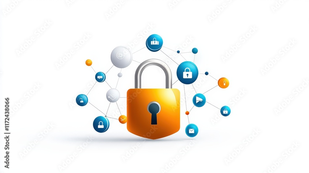 Poster network security concept with abstract data protection icons and an encrypted lock securing business