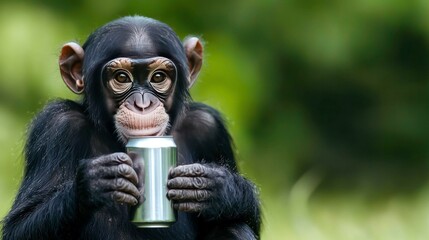 Close-up of a chimpanzee holding a reflective metal can in a verdant environment, symbolizing the growing issue of litter pollution and its unexpected impact on animals.
