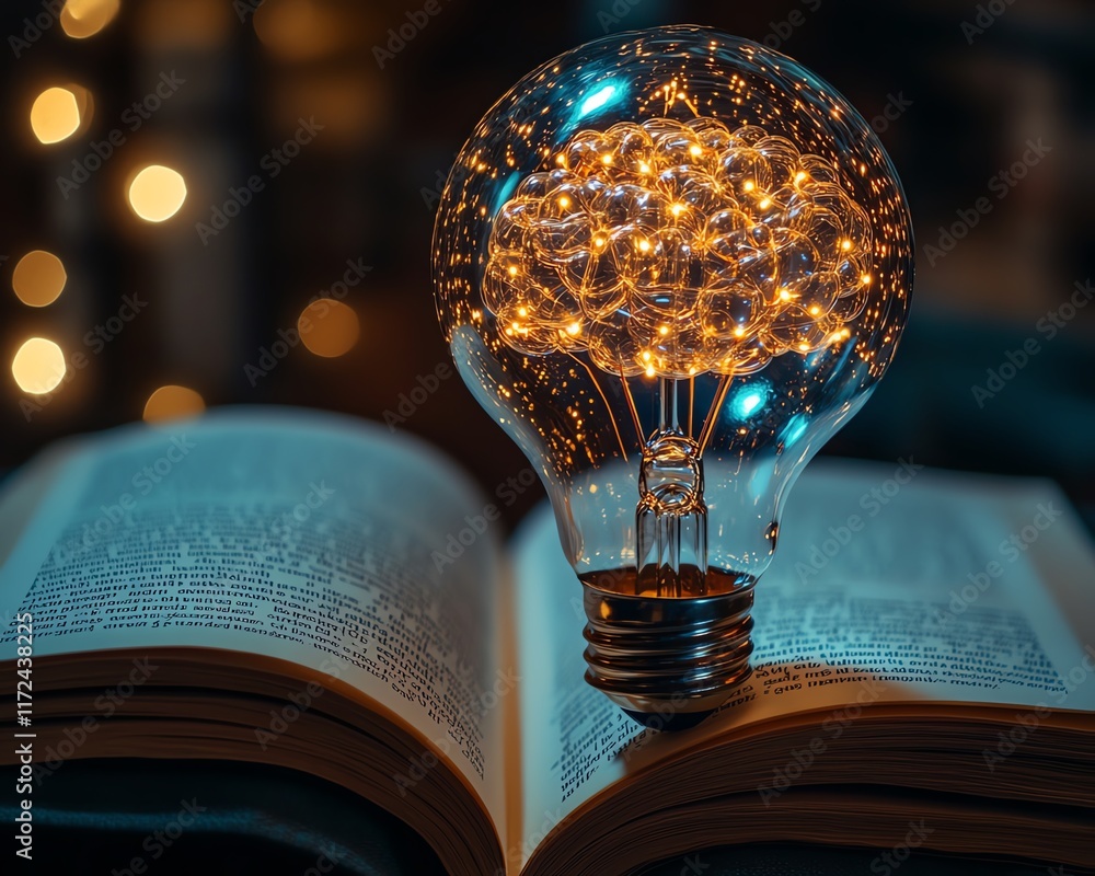 Poster Digital brain and light bulb symbols representing artificial intelligence on an open book, symbolizing innovation