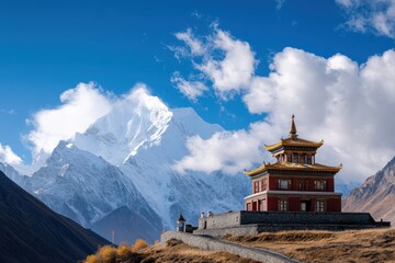 Ancient high altitude monastery surrounded by majestic mountains and serene landscapes, a testament to timeless spirituality.