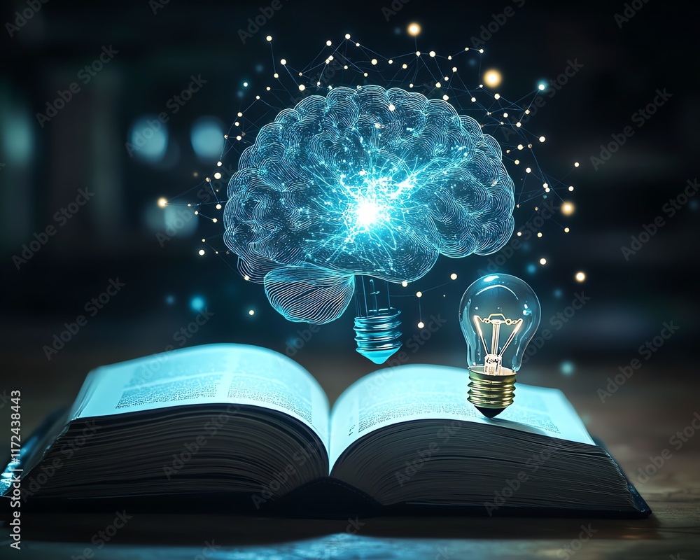 Aufkleber Digital brain and light bulb symbols representing artificial intelligence on an open book, symbolizing innovation