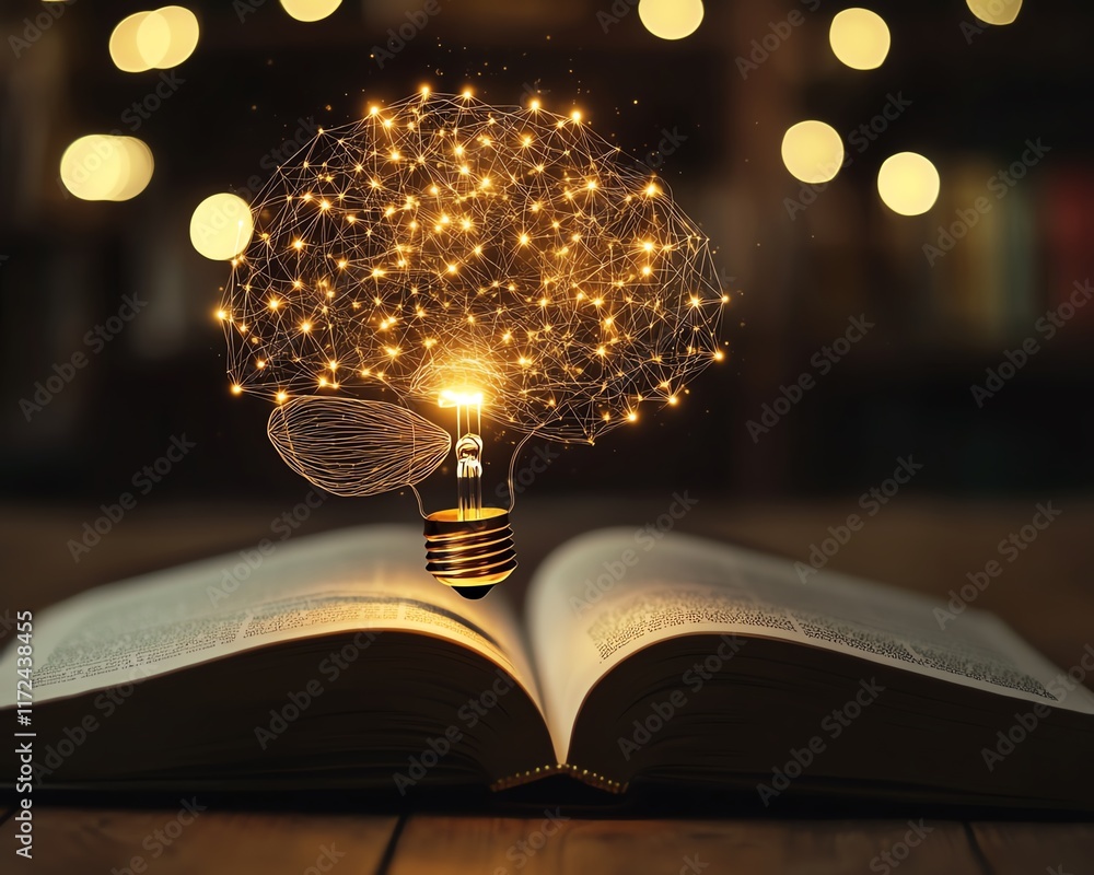 Leinwandbilder digital brain and light bulb symbols representing artificial intelligence on an open book, symbolizi