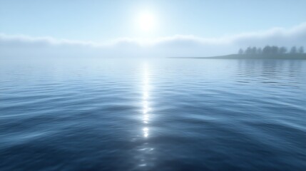 Fototapeta premium Serene sunrise over calm lake with fog.