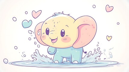 A baby elephant with a playful expression splashing water, light pastel tones decorating the scene, minimalist white background, kawaii-inspired style, hd rendering, soft and inviting textures.