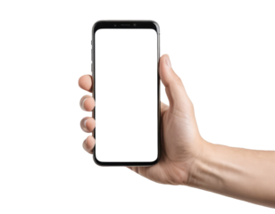 Modern Transparent Smartphone Mockup in Hand - PNG for Custom Backgrounds and Screens.