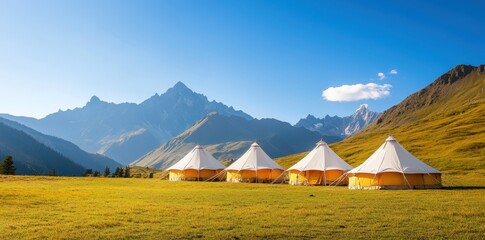 Cultural festival tents pitched in a vibrant community park, celebrating diversity and tradition under a clear blue sky.