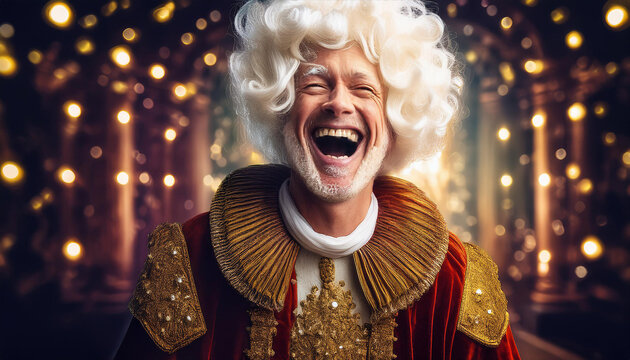 Un homme en tenu de roi de la renaissance qui explose de rire dans une ambiance Versailles tres ridicule
