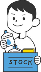 防災備蓄の整理をする｜男性がストックカゴの中身を入れ替える