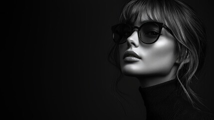 Fototapeta premium The silhouette of an elegant fashion model in a black turtleneck, paired with chic sunglasses, her stylish outline standing out against a solid black background.