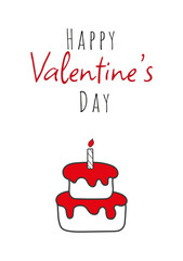 Valentine's Day Card with Doodle Icon and Text Happy Valentine's Day. Vector Illustration with Red Cake Hand Drawn. Modern Kids Greeting Card for Birthday. Cute Modern Poster. Minimalistic design.