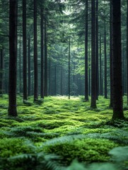Obraz premium Lush green forest with tall trees and ferns creating a tranquil atmosphere.